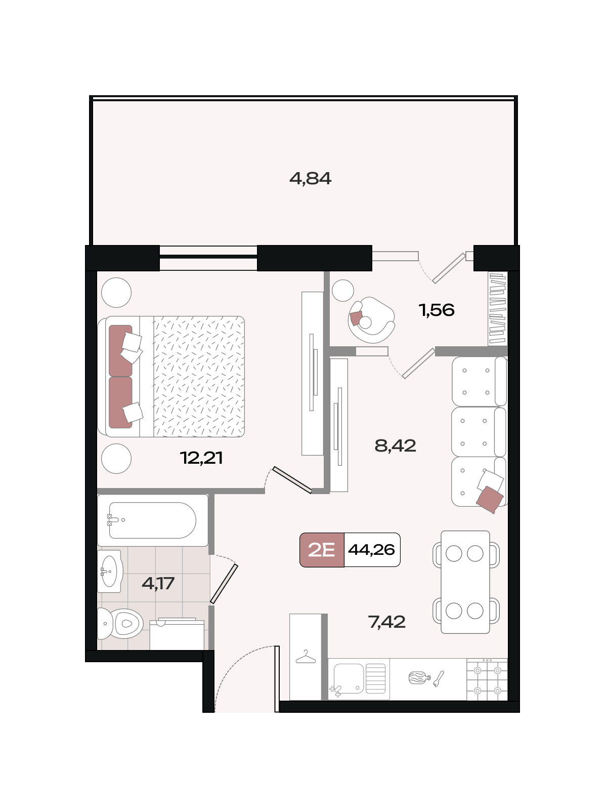 Планировка 2-комнатная 44,26 м²