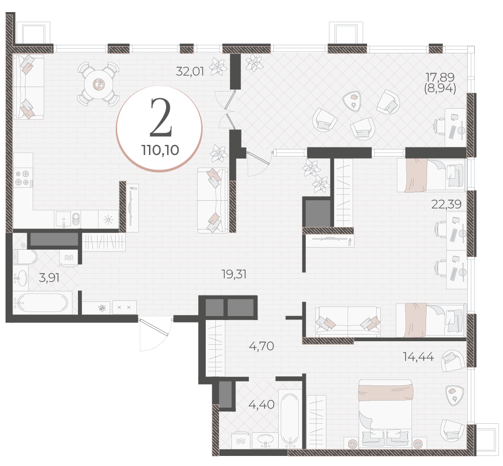 Планировка 2-комнатная 110,1 м²
