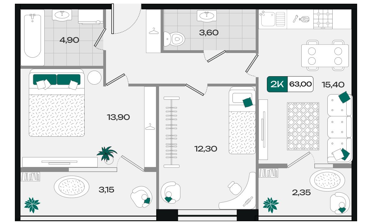 Планировка 2-комнатная 63 м²