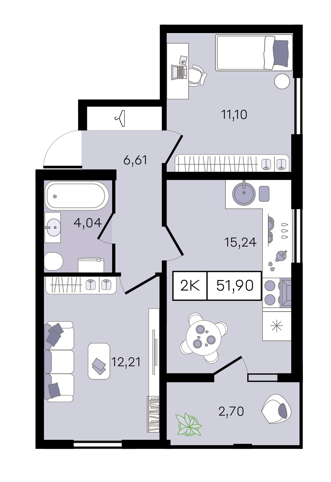 Планировка 2-комнатная 51,9 м²