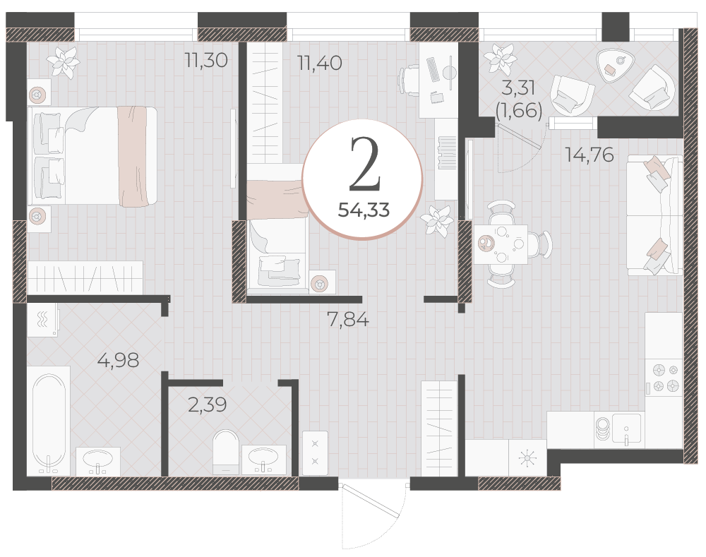Планировка 2-комнатная 54,33 м²