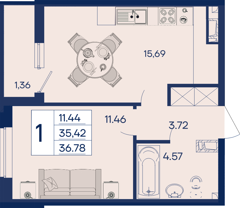 Планировка: 1-комн. квартира 36,8 м²
