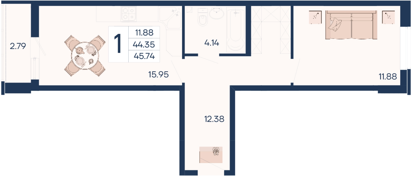 Планировка: 1-комн. квартира 45,7 м²