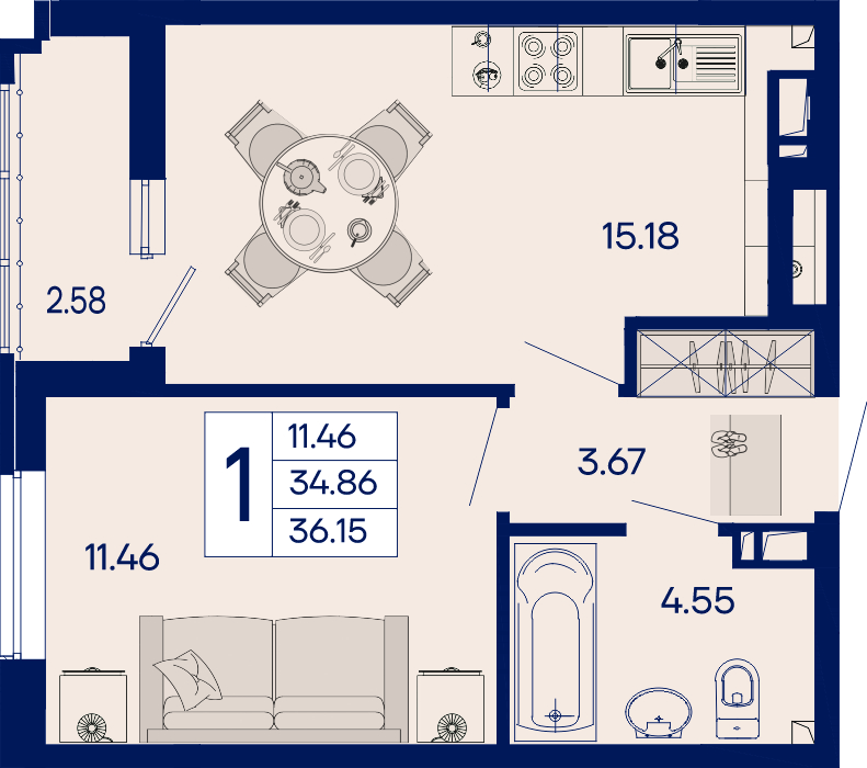 Планировка: 1-комн. квартира 36,2 м²