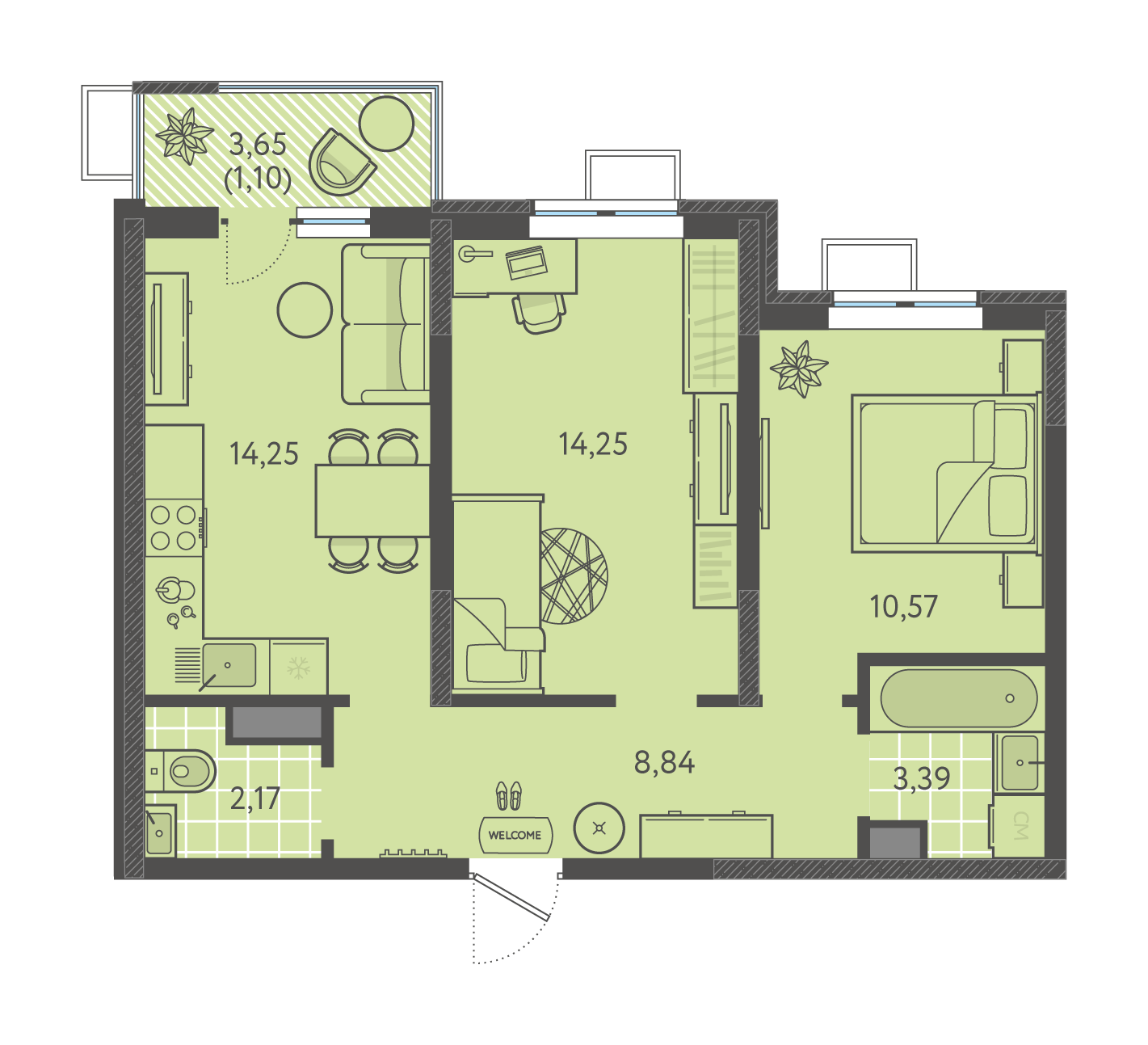 Планировка 2-комнатная 54,57 м²