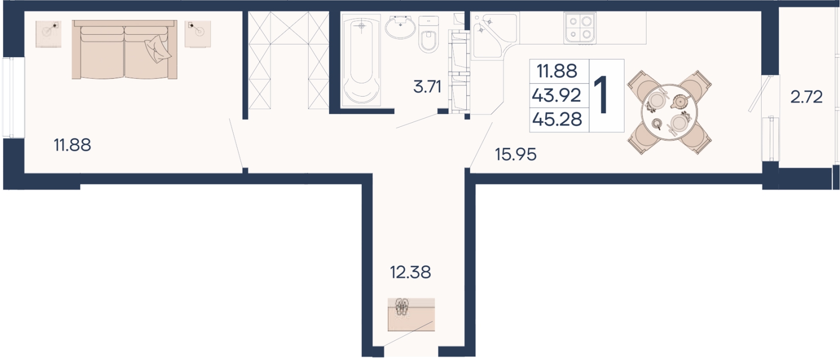 Планировка 1-комнатная 45,28 м²