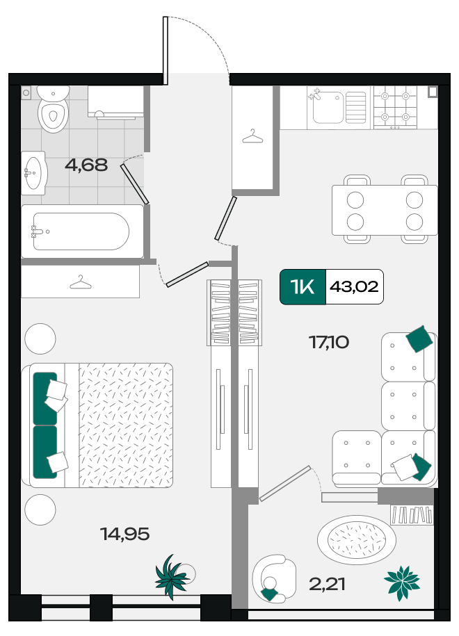 Планировка: 1-комн. квартира 43 м²