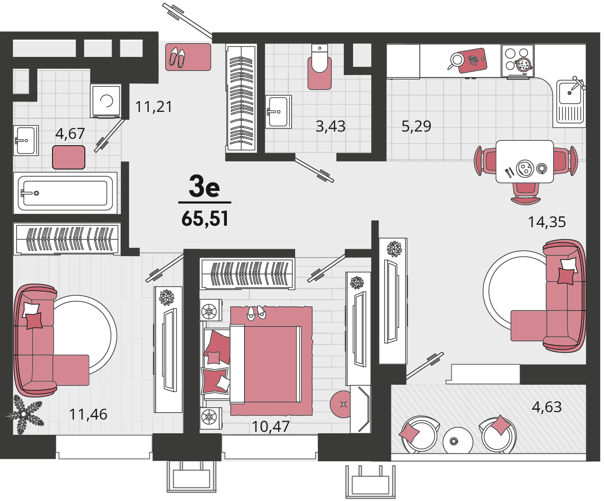 Планировка 3-комнатная 65,51 м²