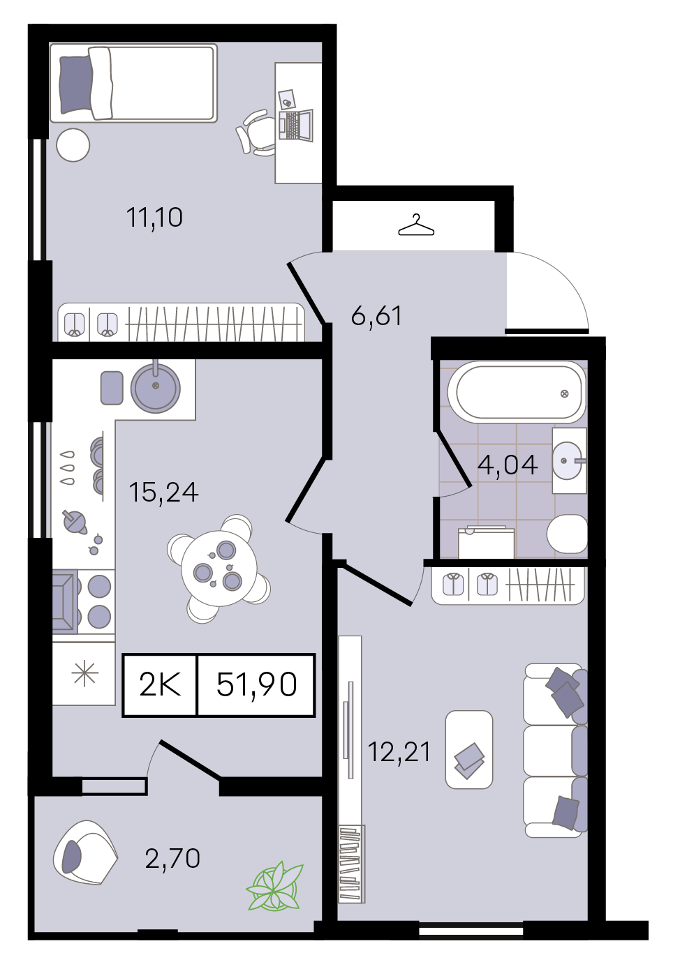 Планировка: 2-комн. квартира 51,9 м²