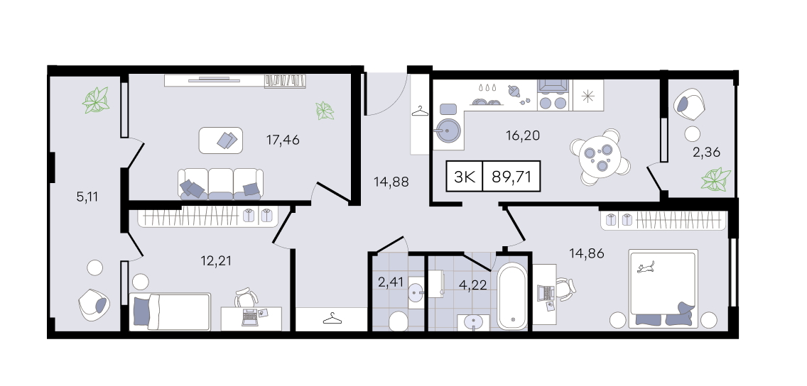 Планировка 3-комнатная 89,71 м²