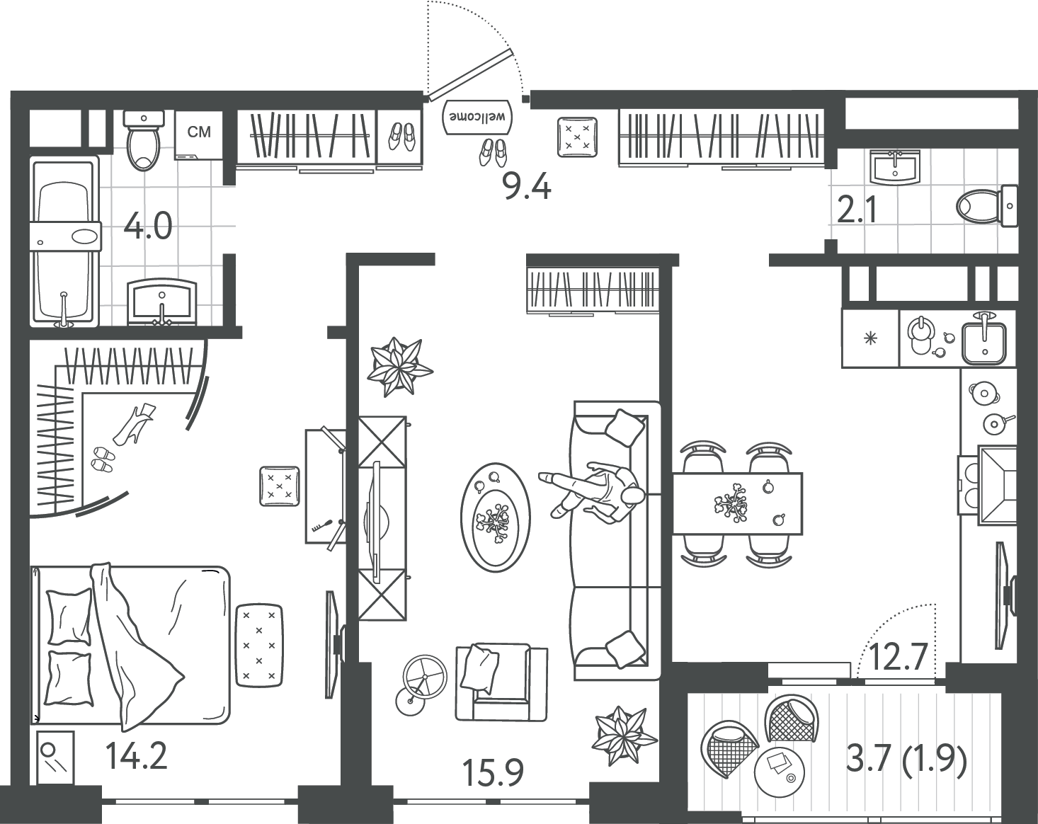 Планировка: 2-комн. квартира 59,4 м²