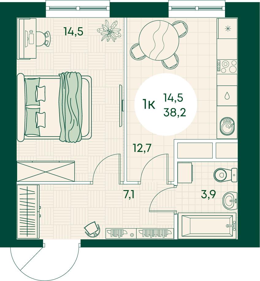 Планировка 1-комнатная 38,2 м²