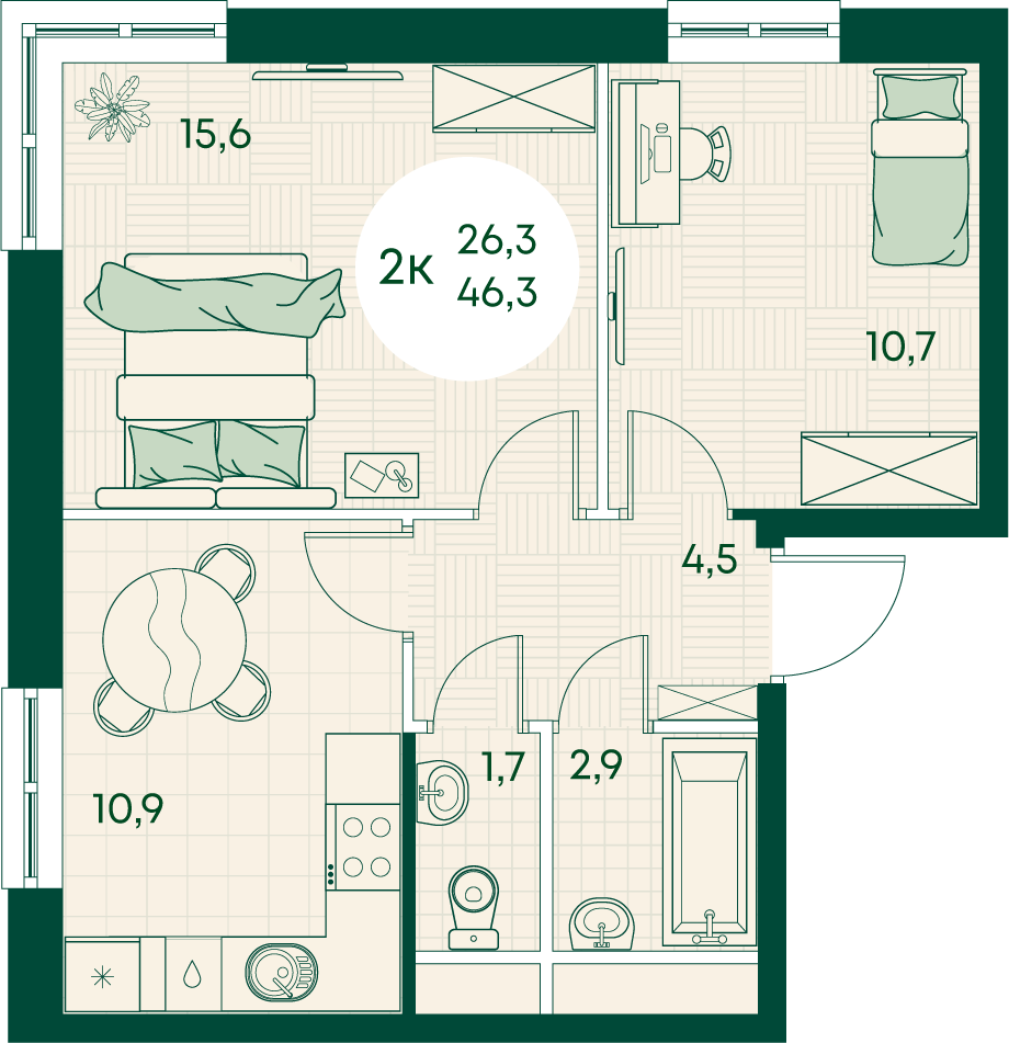 Планировка 2-комнатная 46,3 м²