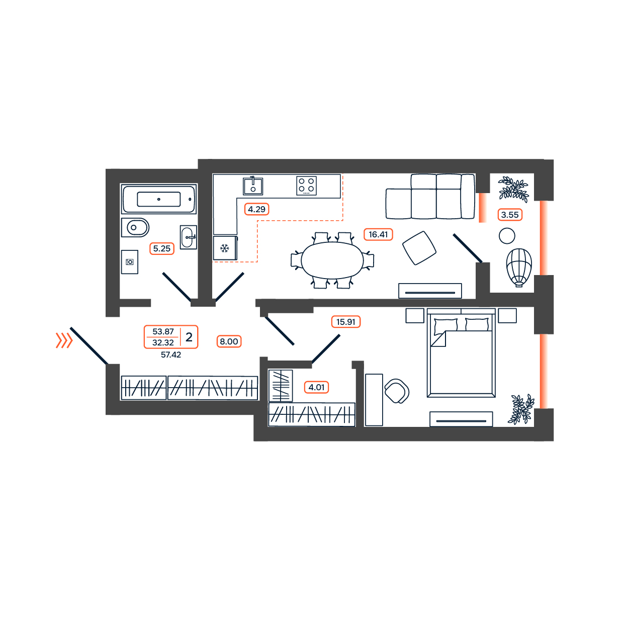 Планировка: 2-комн. квартира 57,4 м²