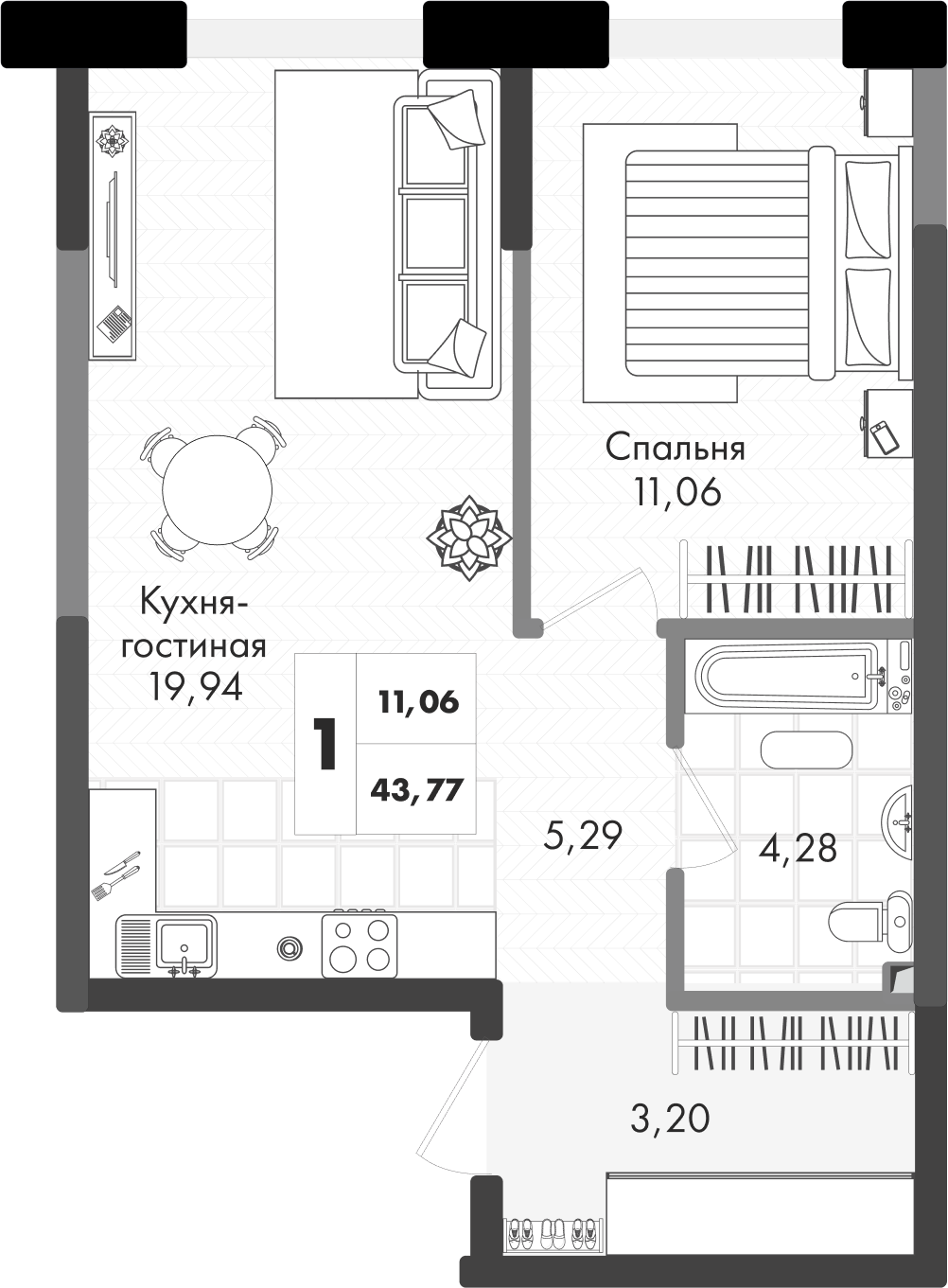 Планировка: 1-комн. квартира 43,8 м²
