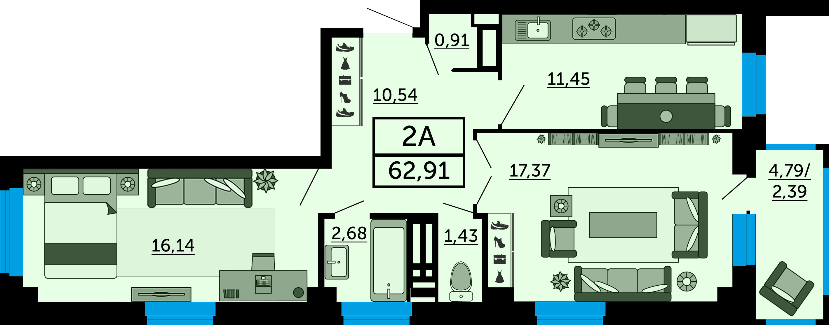 Планировка 2-комнатная 65 м²