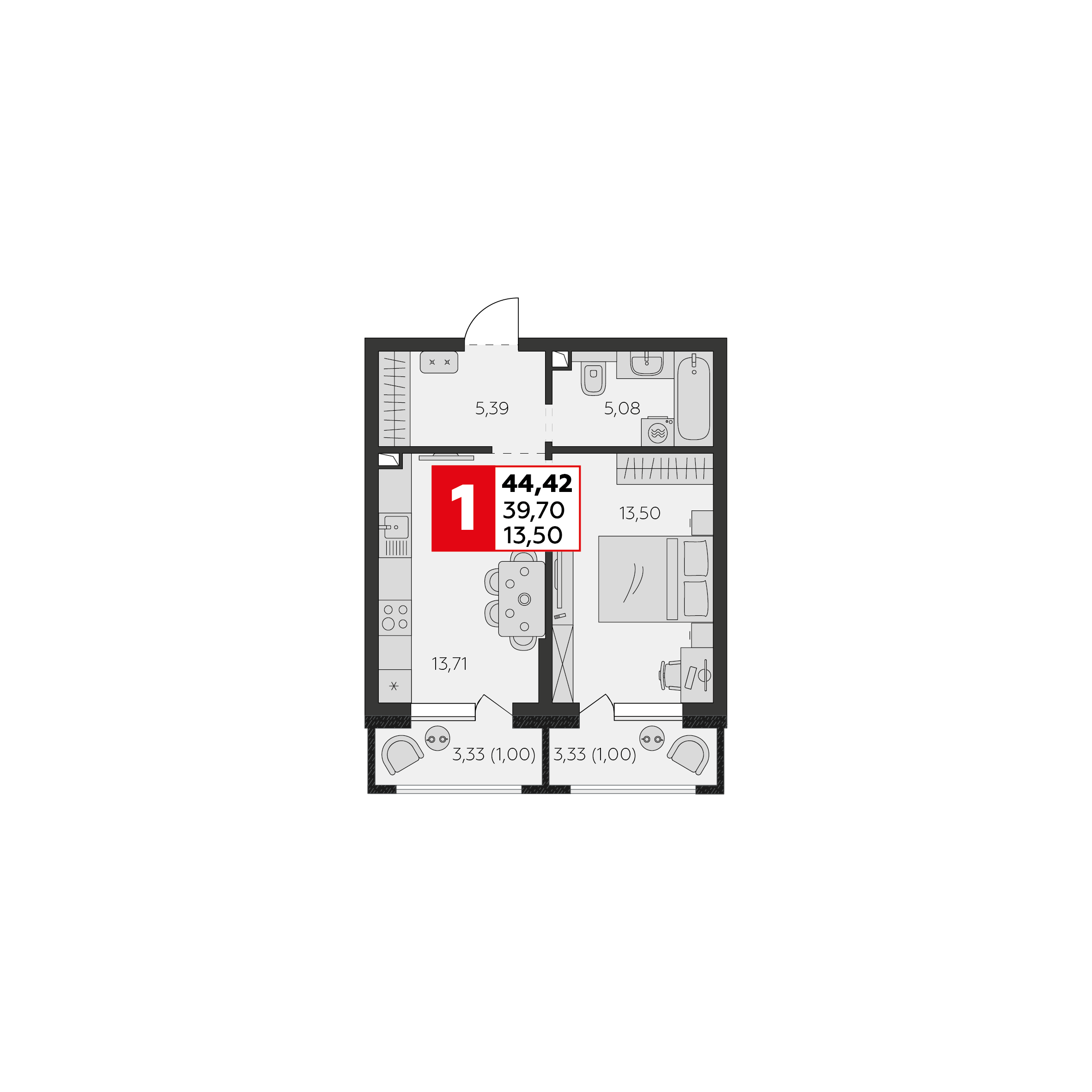 Планировка: 1-комн. квартира 39,7 м²