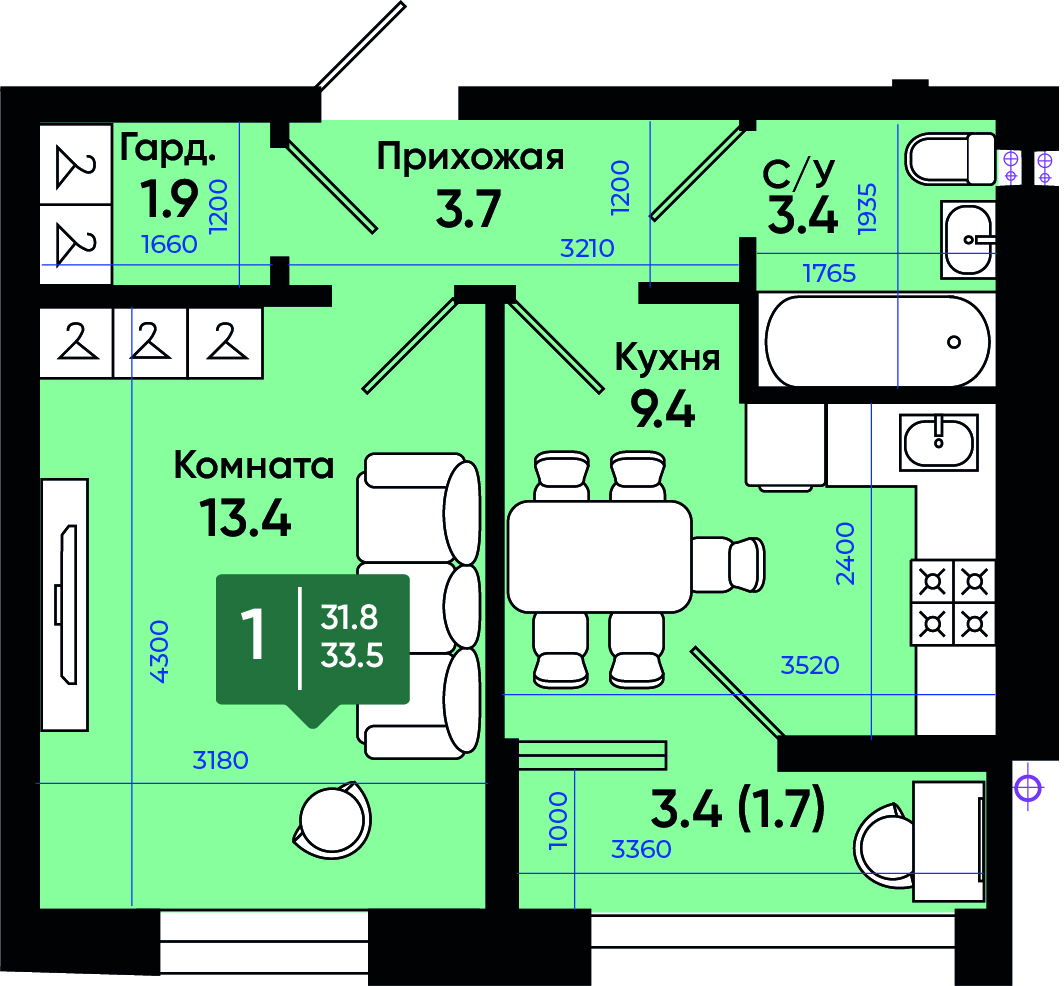 Планировка: 1-комн. квартира 33,6 м²