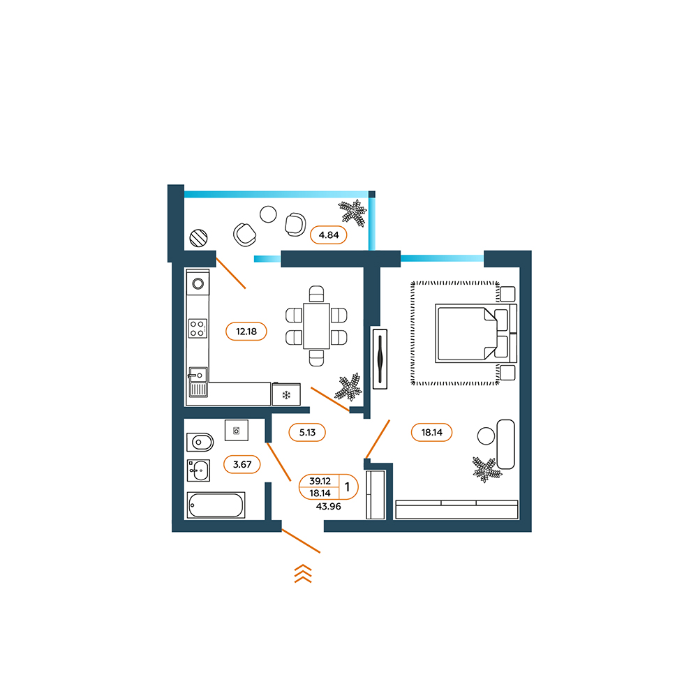 Планировка: 1-комн. квартира 44,8 м²