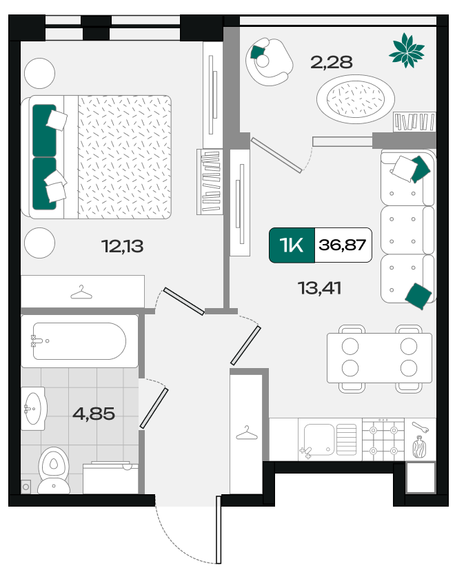 Планировка: 1-комн. квартира 36,9 м²