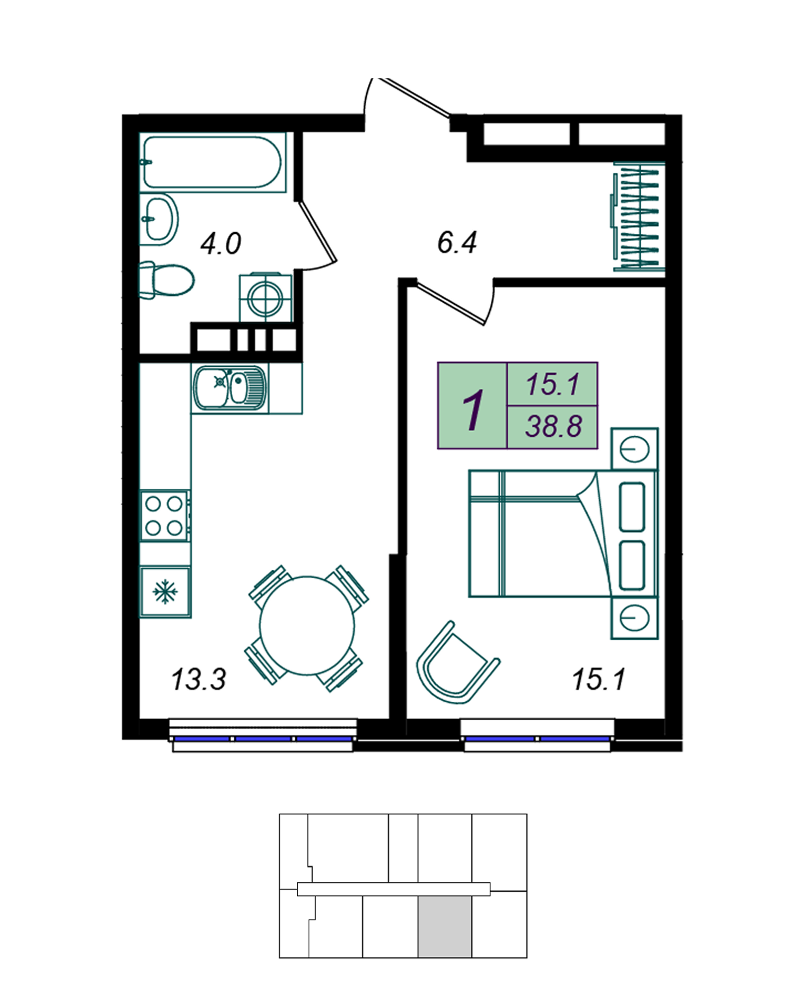 Планировка: 1-комн. квартира 38,8 м²