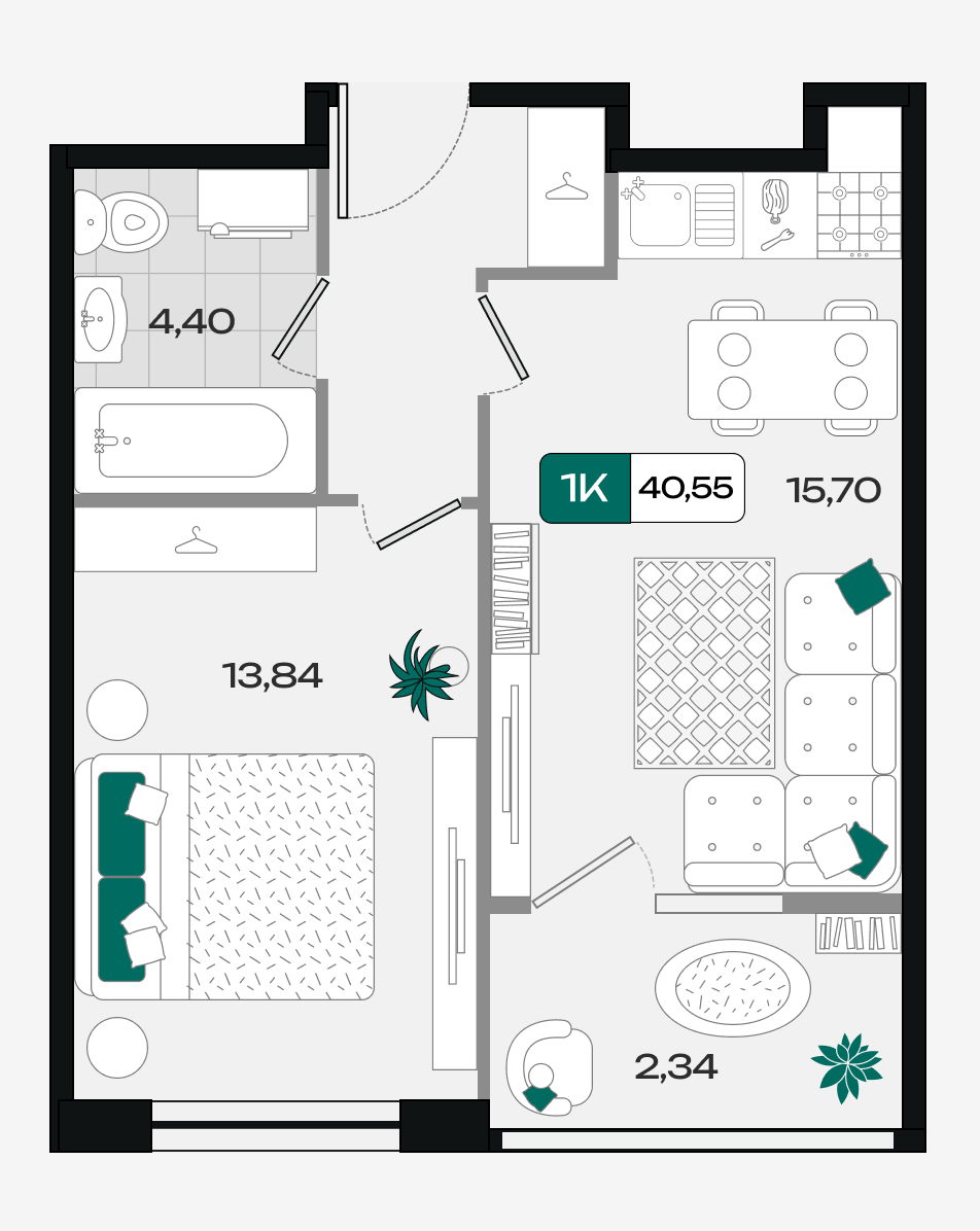 Планировка: 1-комн. квартира 40,6 м²