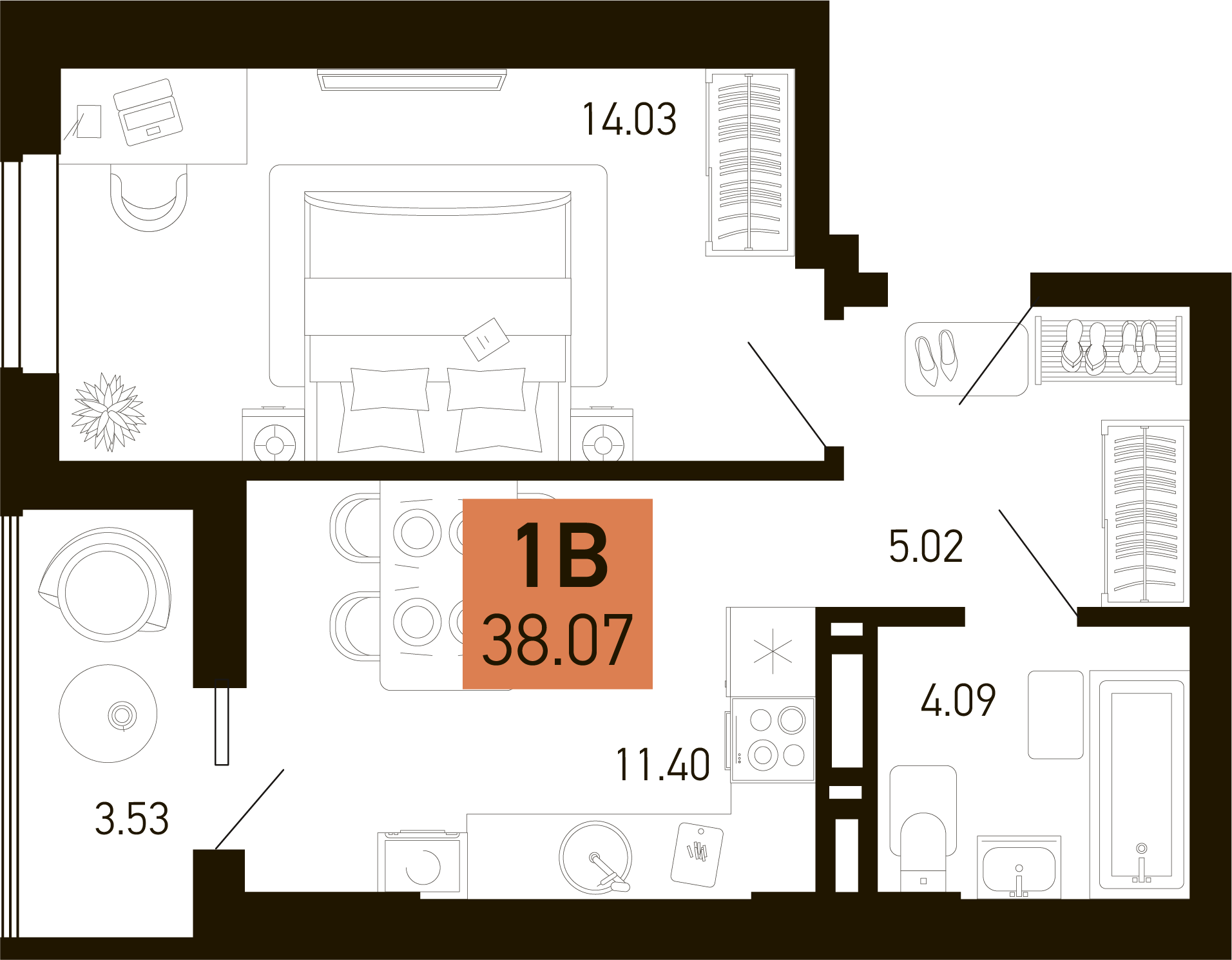 Планировка 1-комнатная 38,07 м²