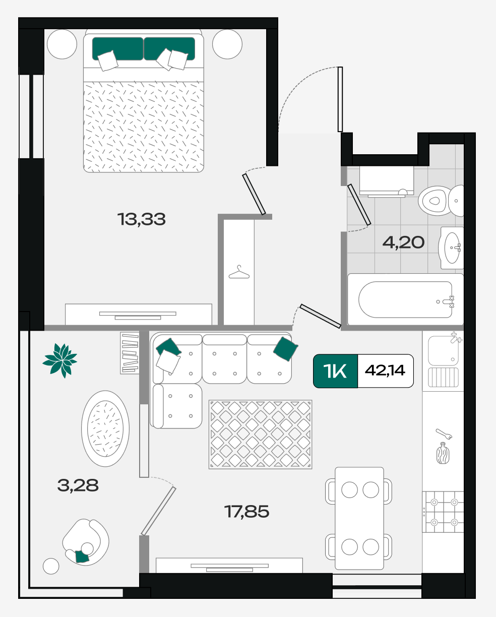 Планировка: 1-комн. квартира 42,1 м²