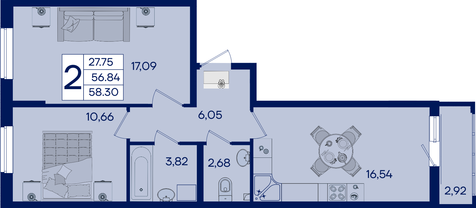 Планировка 2-комнатная 58,3 м²
