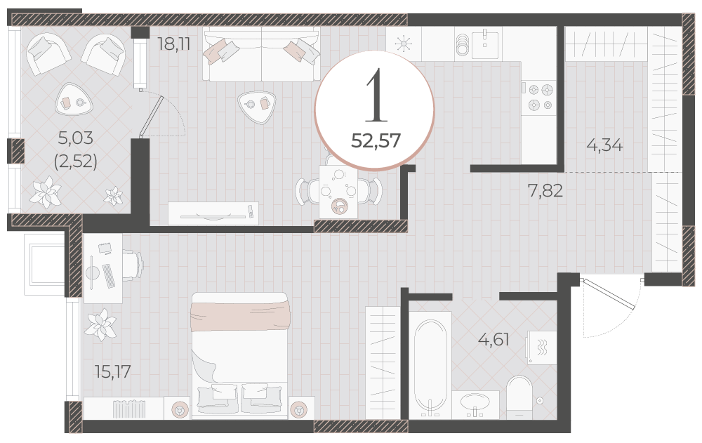 Планировка 1-комнатная 52,57 м²