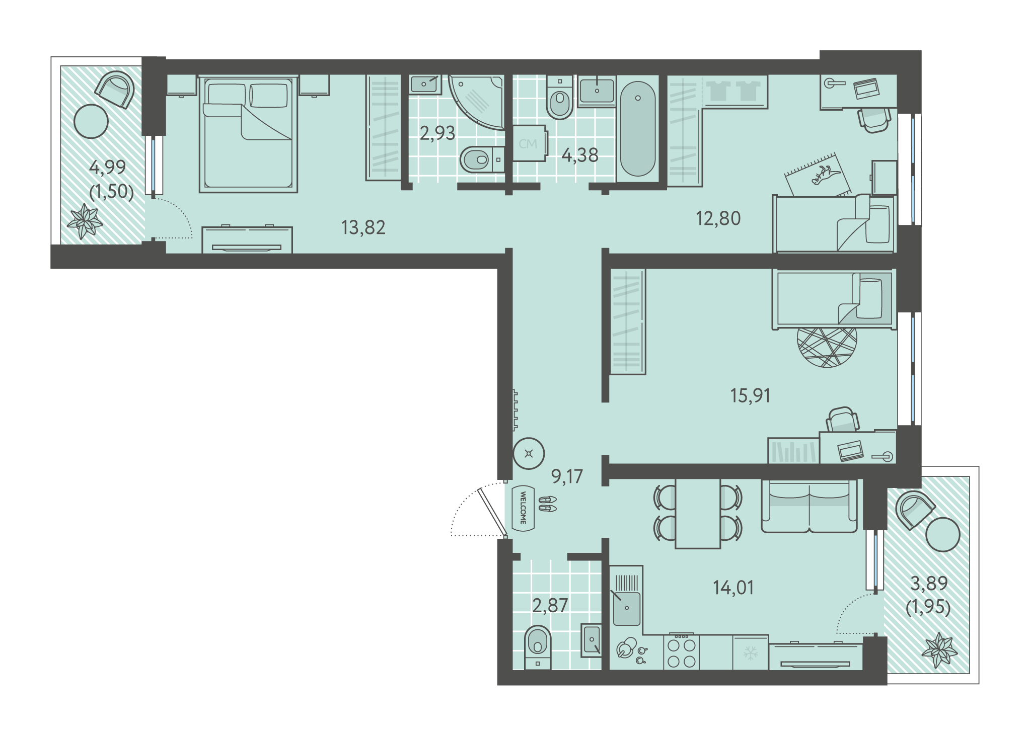 Планировка 3-комнатная 79,34 м²