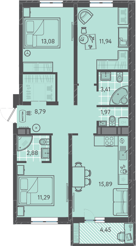 Планировка: 3-комн. квартира 73,4 м²