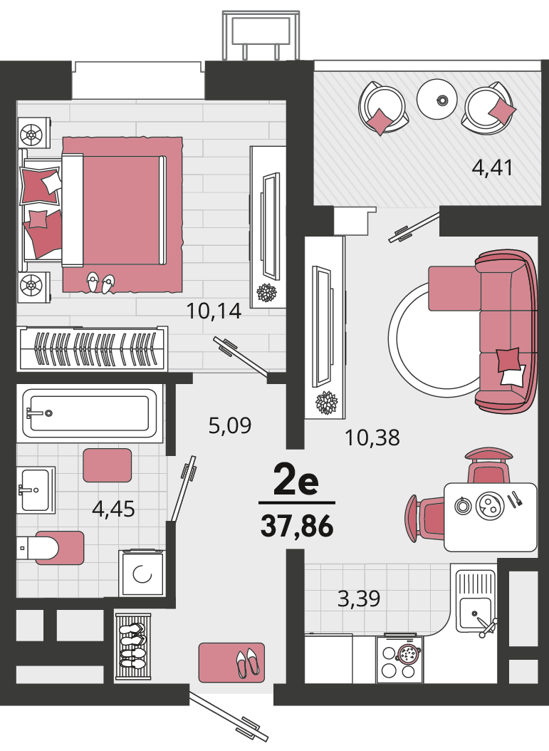 Планировка 2-комнатная 37,86 м²