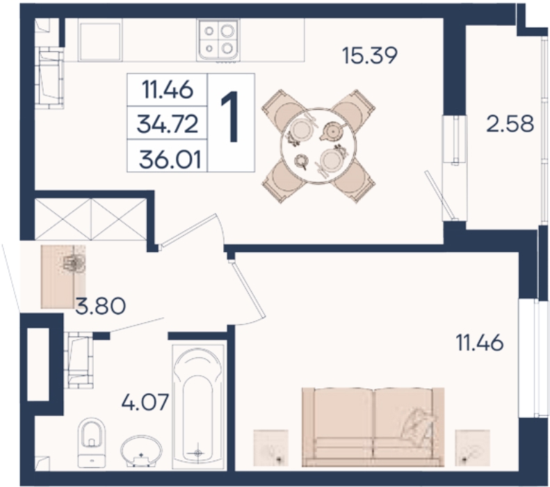 Планировка 1-комнатная 36,01 м²