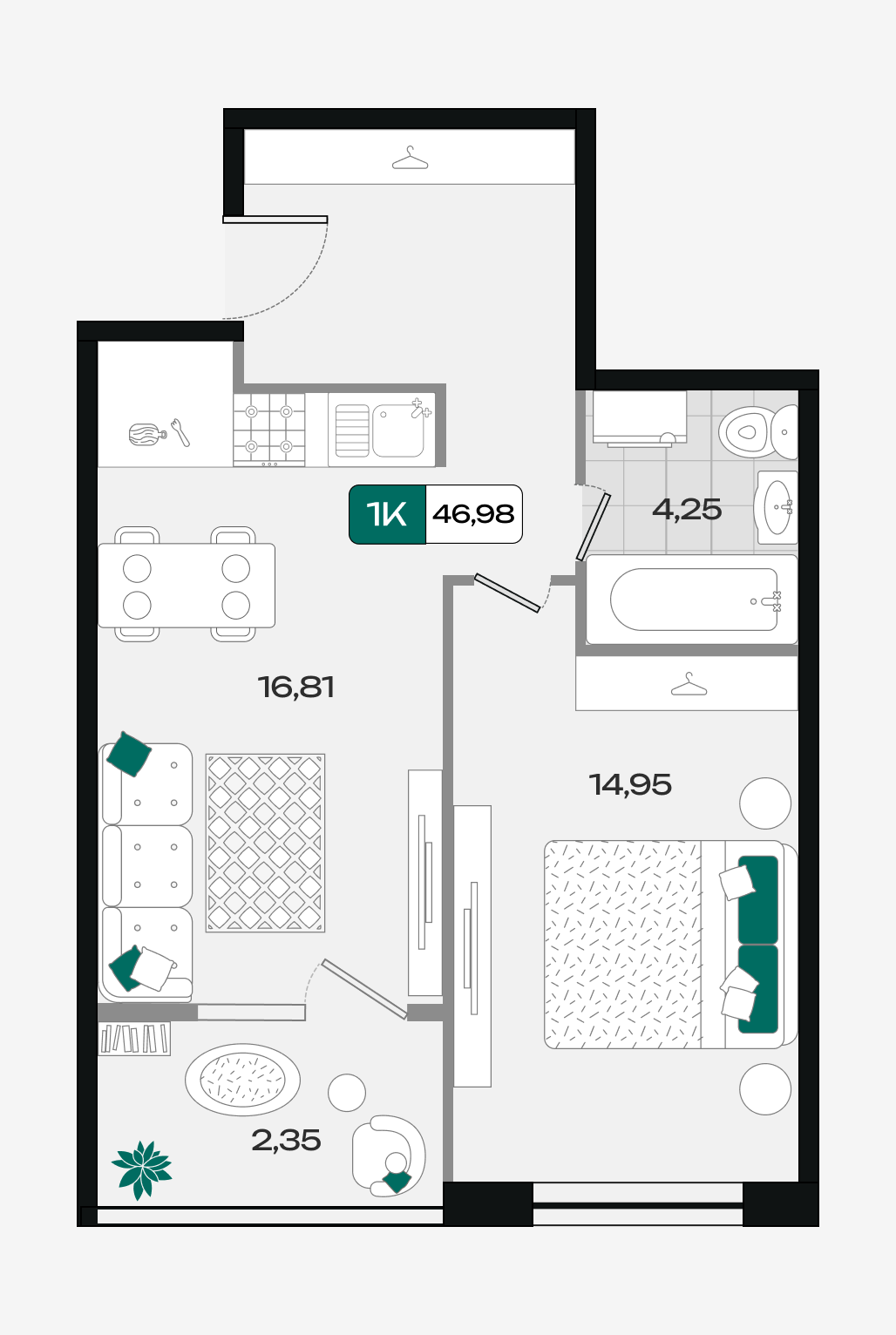 Планировка: 1-комн. квартира 47 м²