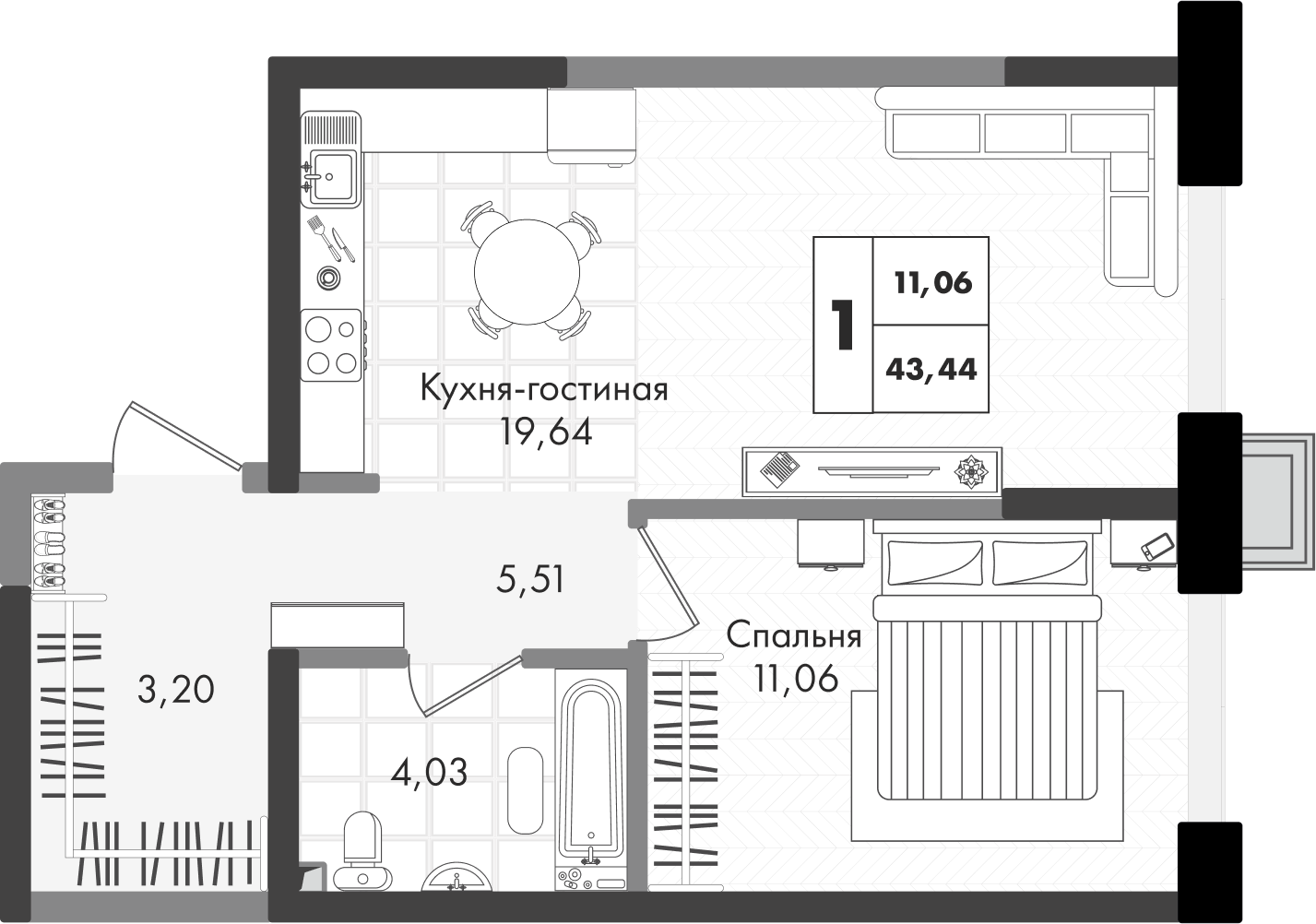 Планировка: 1-комн. квартира 43,4 м²