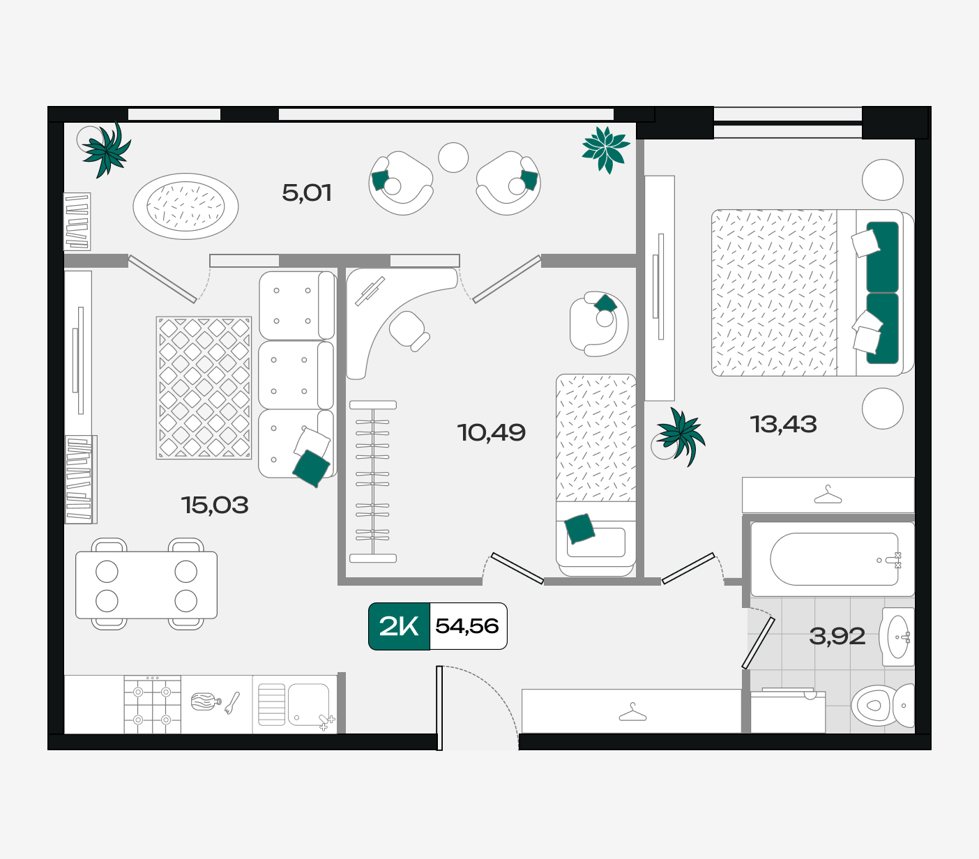 Планировка: 2-комн. квартира 54,6 м²