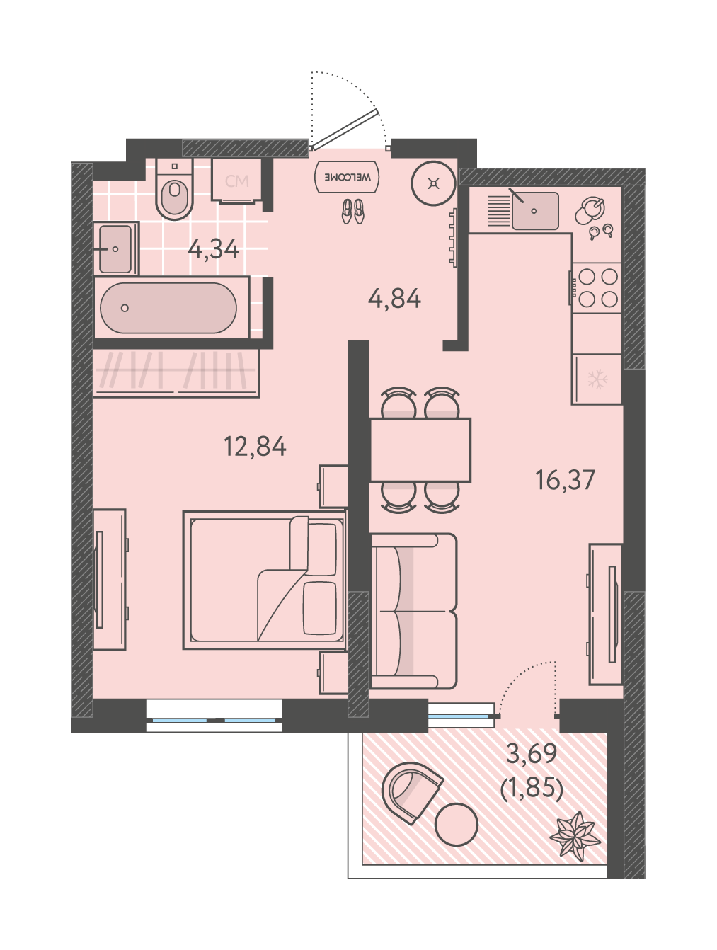 Планировка: 1-комн. квартира 40,2 м²