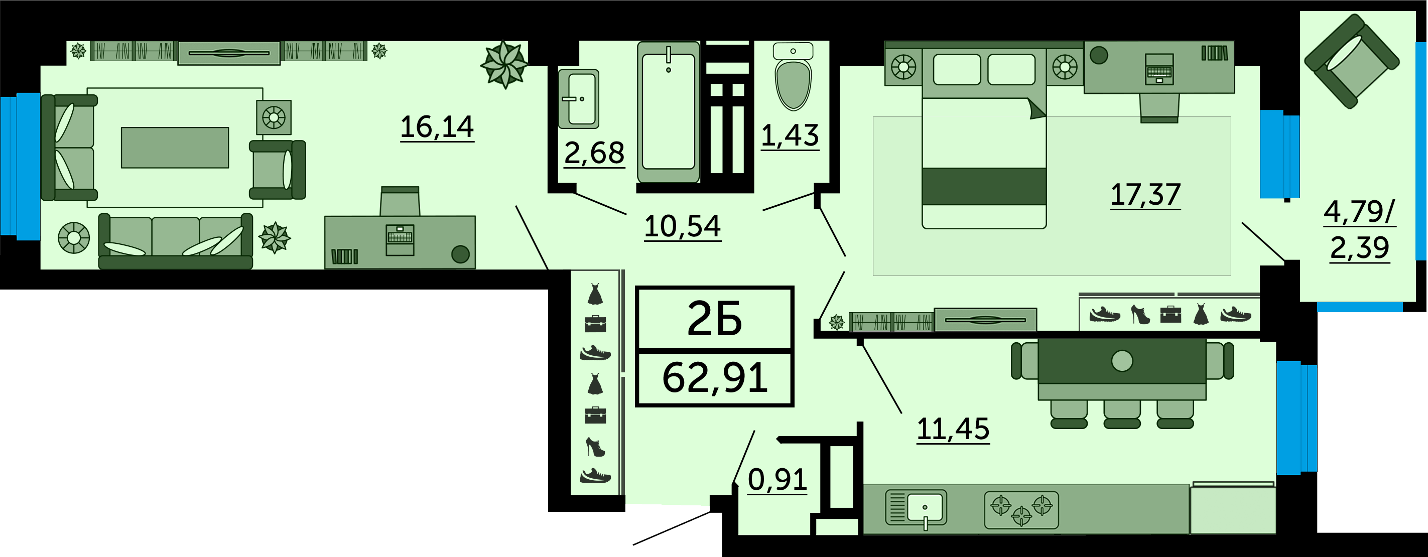 Планировка 2-комнатная 63,8 м²