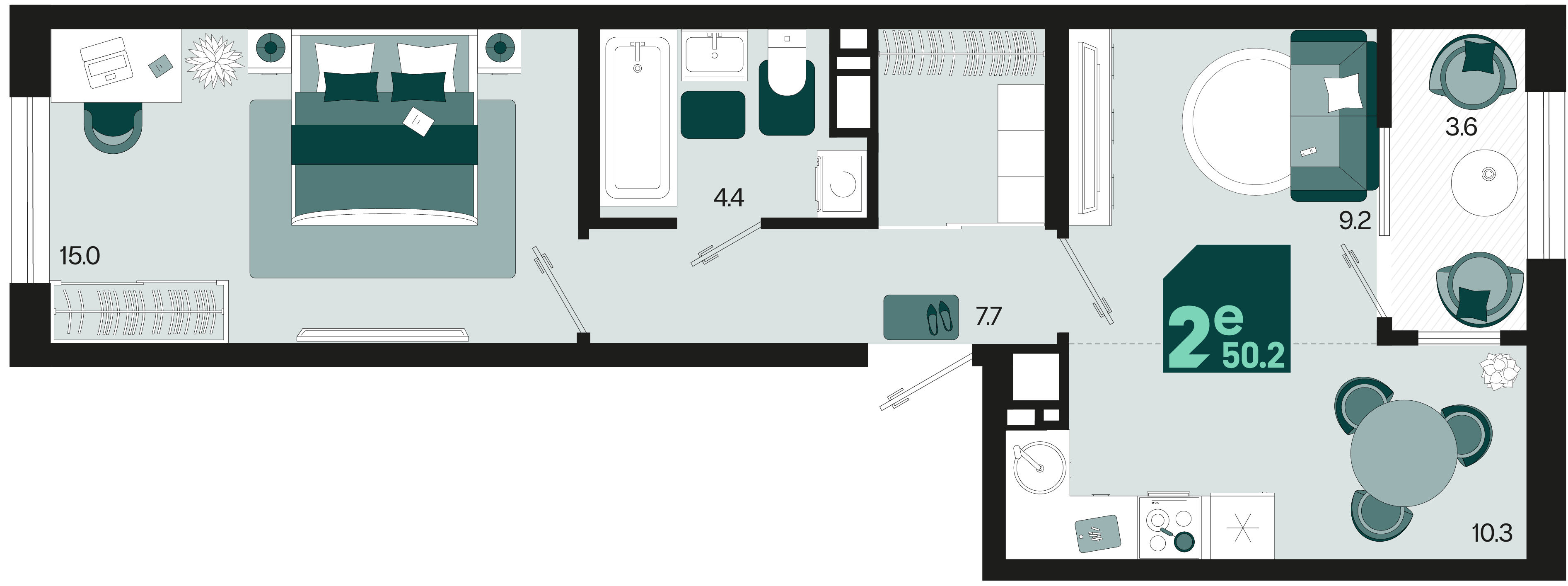 Планировка 2-комнатная 50,2 м²