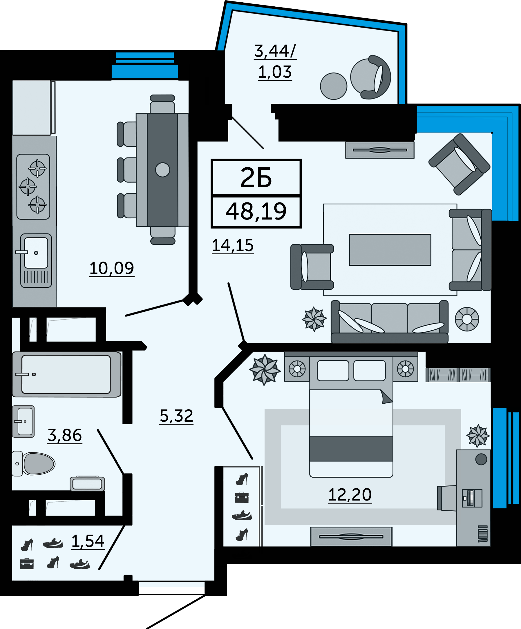 Планировка 2-комнатная 48,5 м²