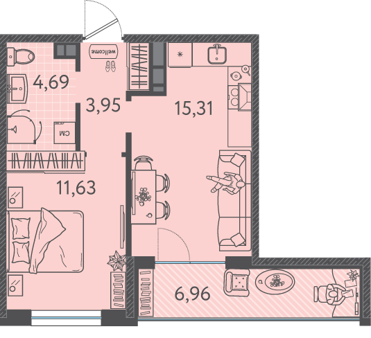 Планировка 1-комнатная 38,05 м²