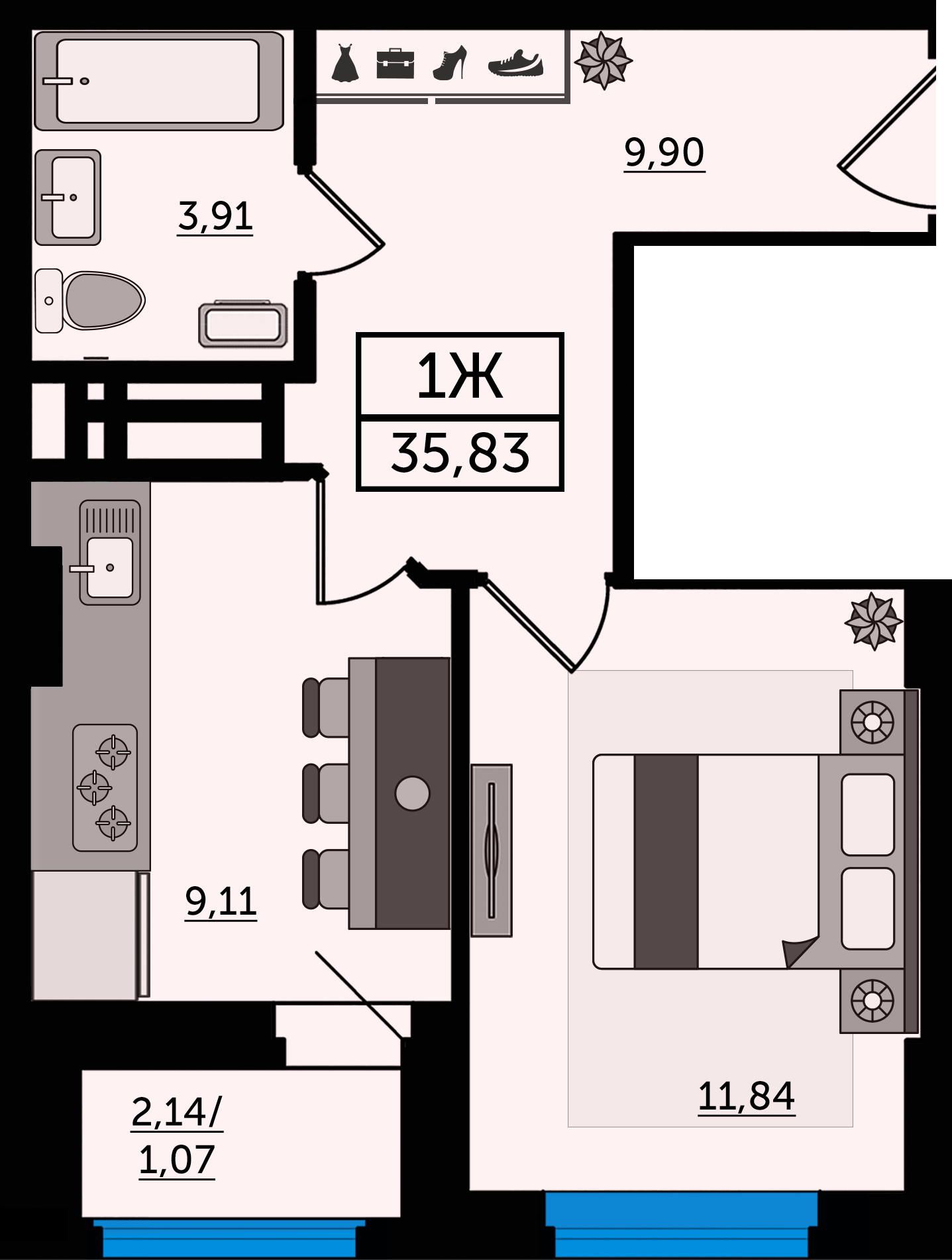 Планировка 1-комнатная 35,83 м²