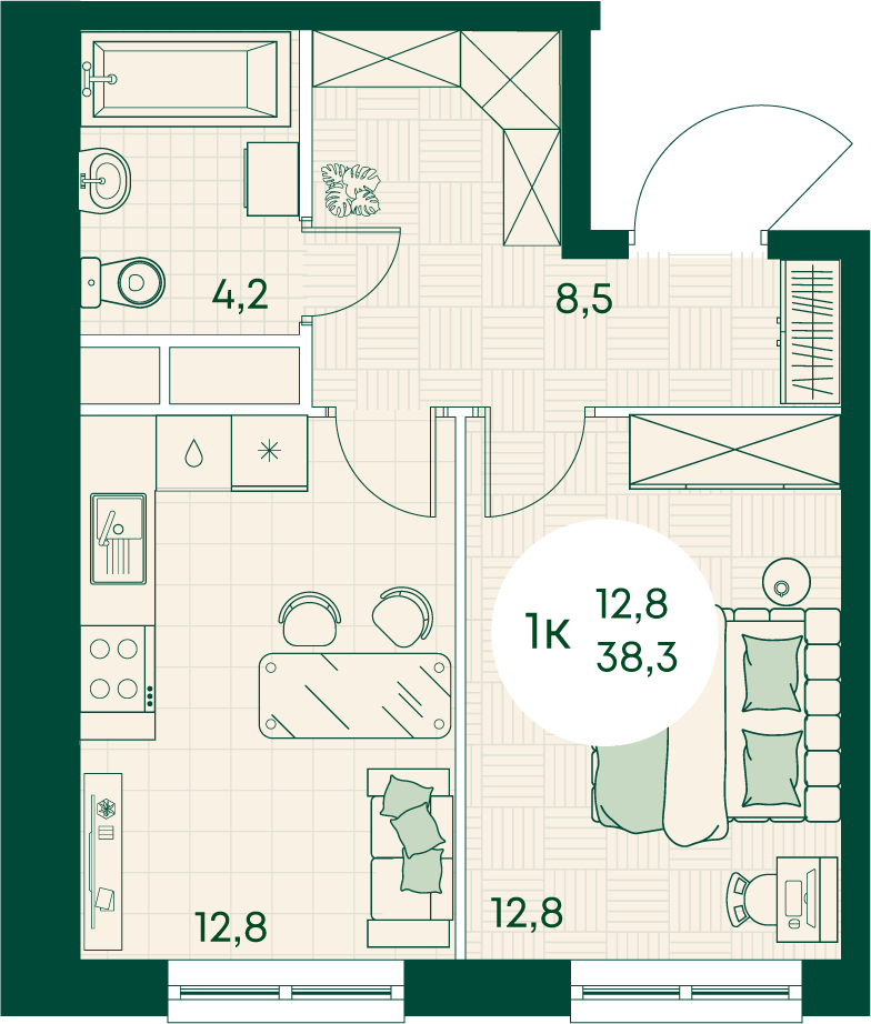 Планировка: 1-комн. квартира 38,3 м²