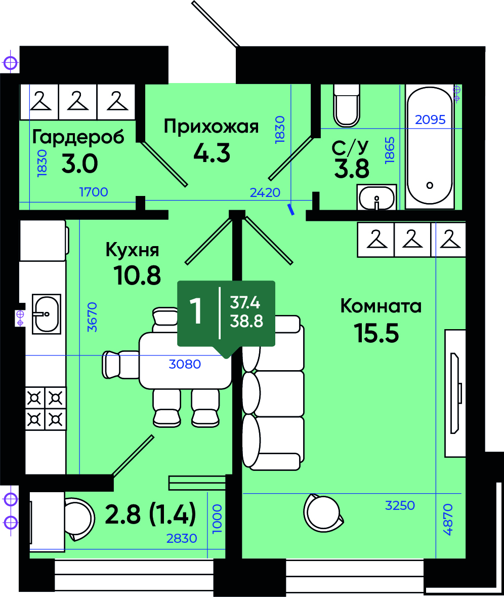 Планировка: 1-комн. квартира 39,8 м²
