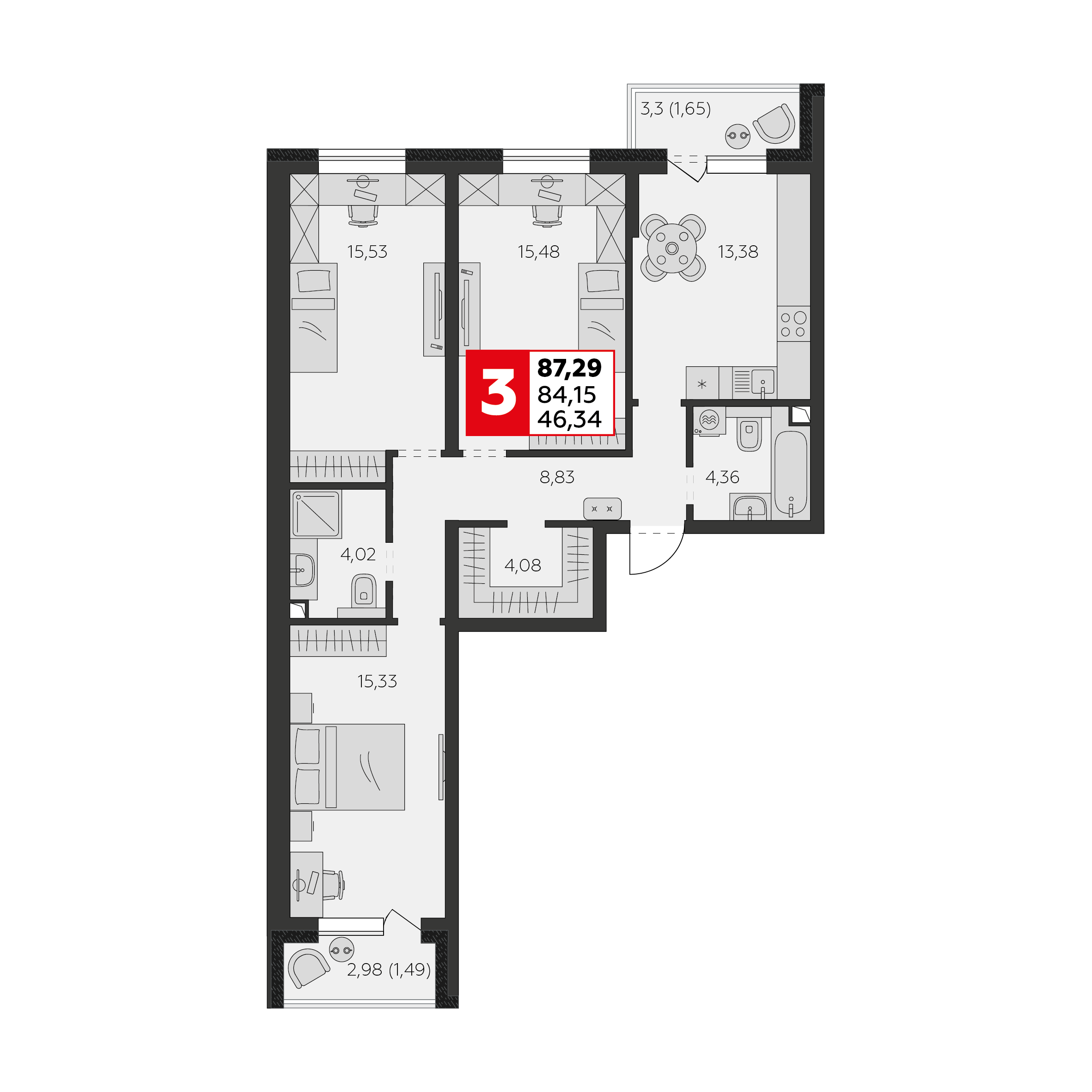 Планировка 3-комнатная 84,15 м²
