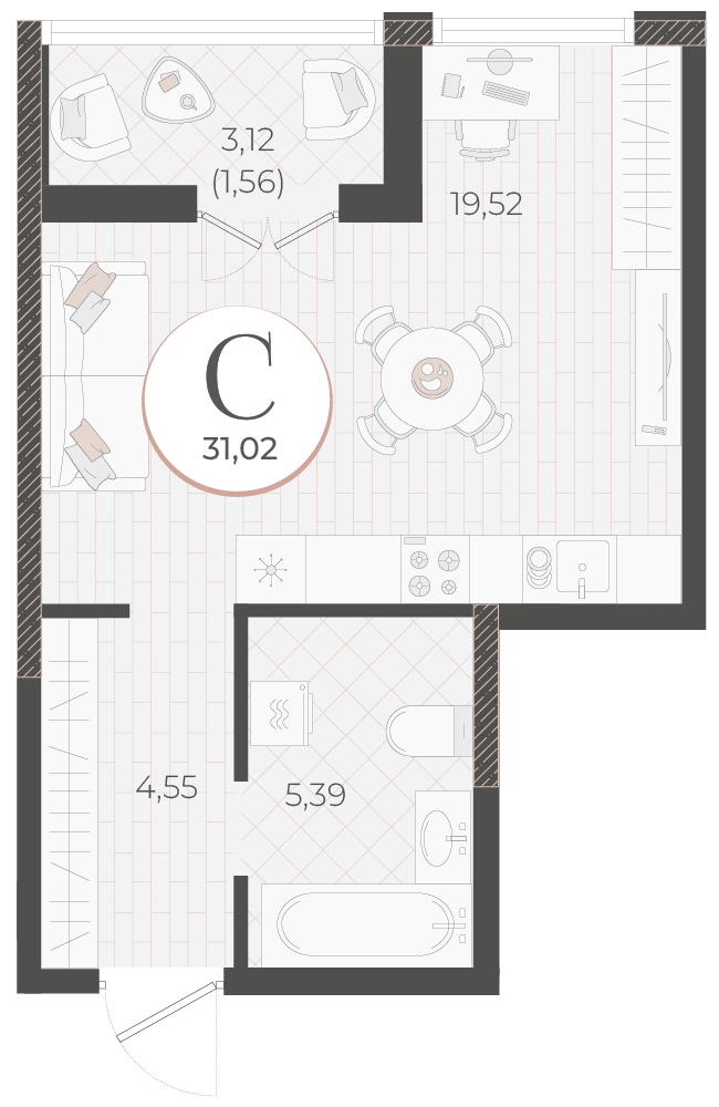 Планировка Студия 31,02 м²