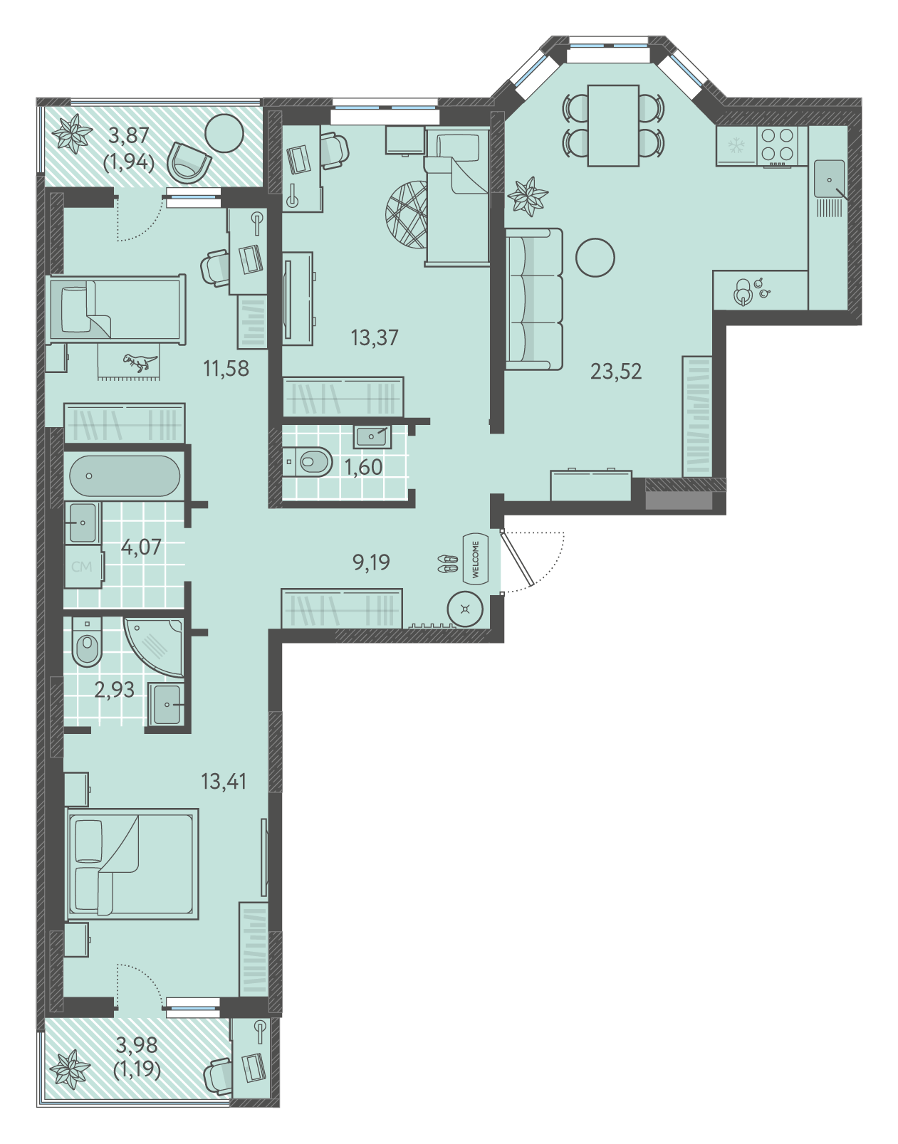 Планировка 3-комнатная 84,35 м²