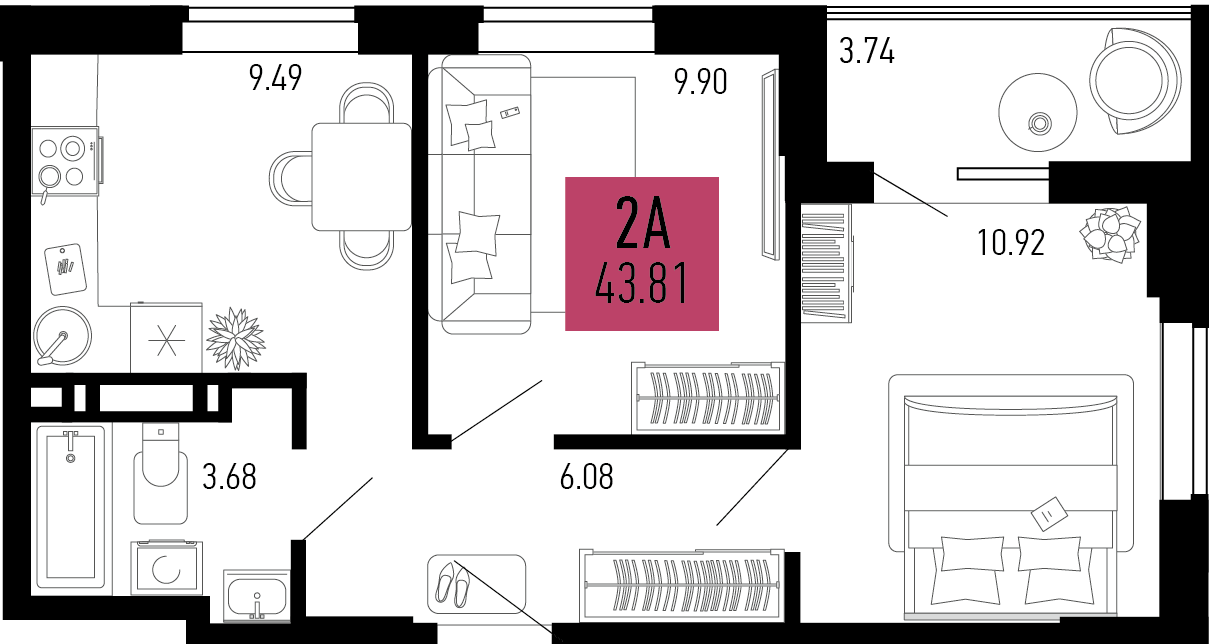 Планировка 2-комнатная 43,81 м²