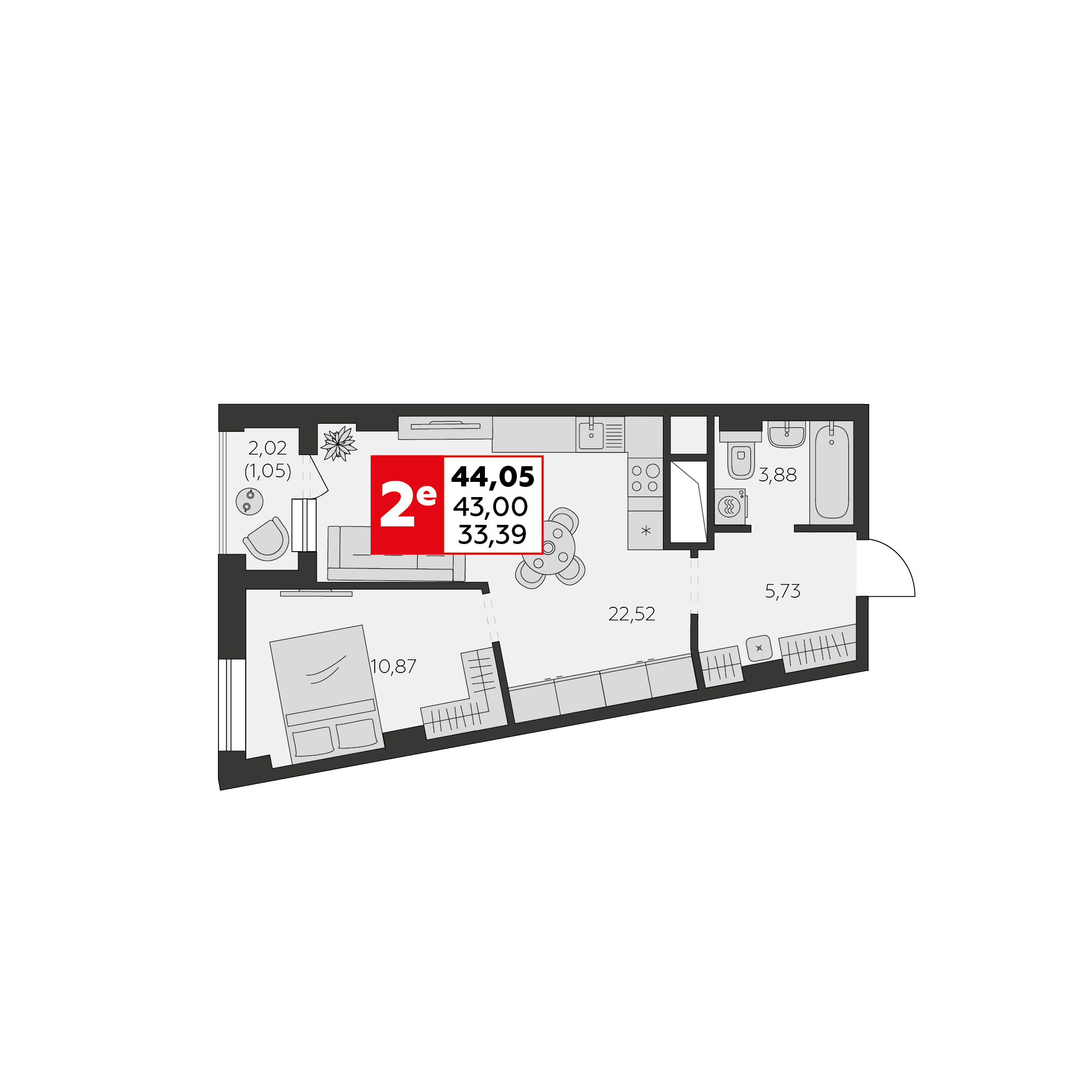 Планировка 2-комнатная 44,05 м²